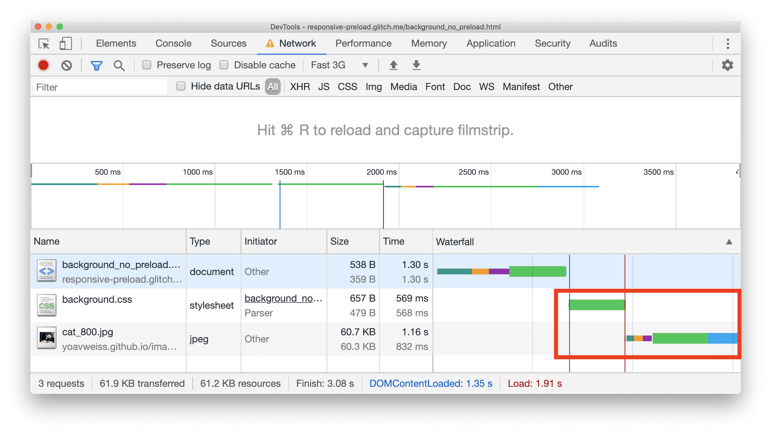 پنل شبکه Chrome DevTools که یک آبشار با منبع JPEG را نشان میدهد که فقط پس از انجام برخی CSS شروع به دانلود میکند.