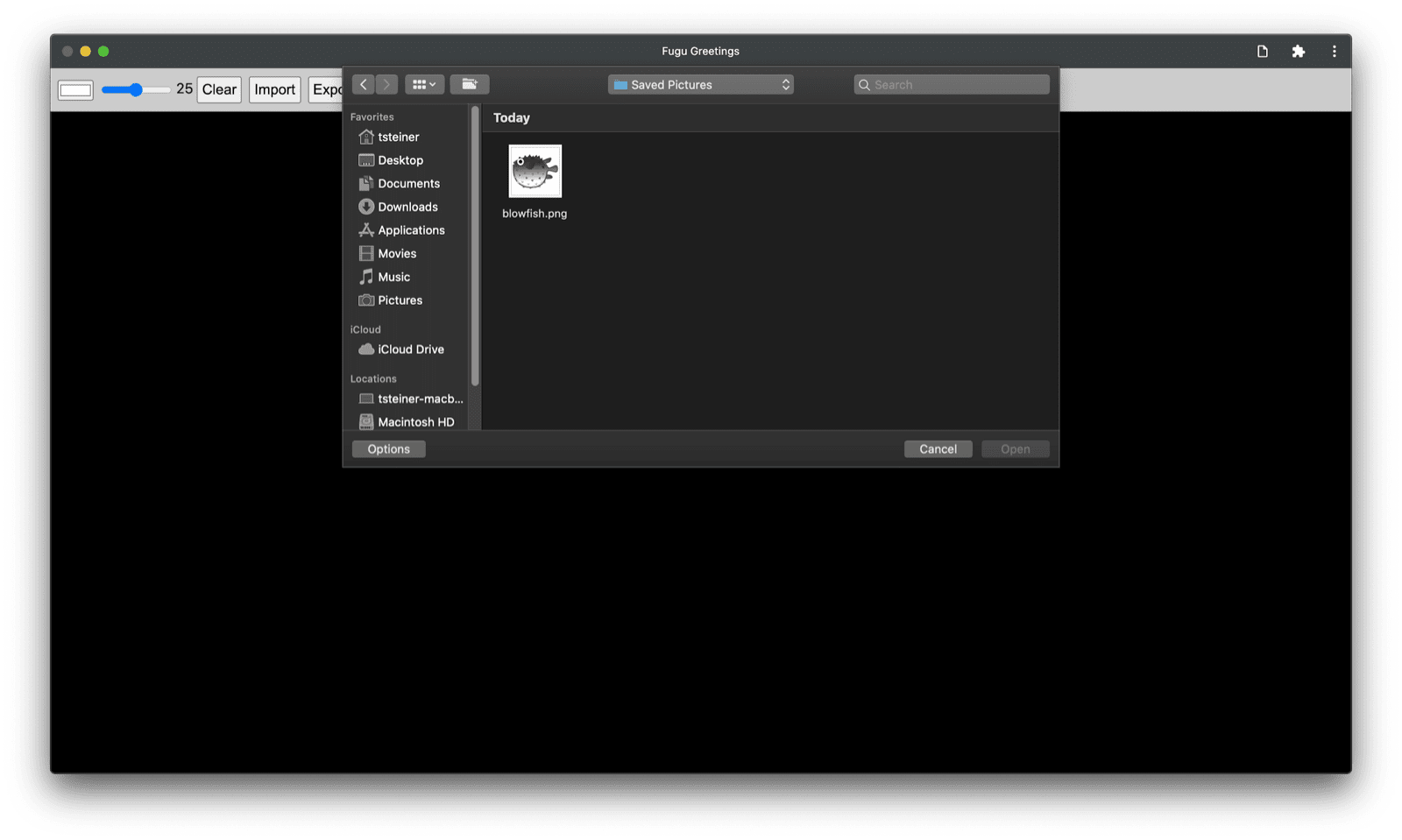 App de Fugu Greetings con un diálogo de apertura de archivos.