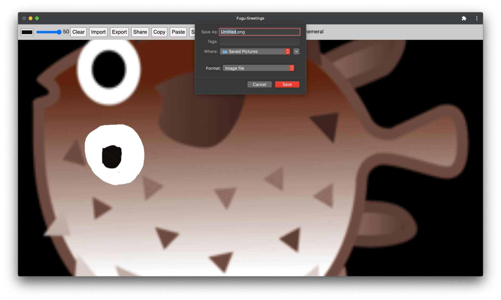 Değiştirilmiş resmin bulunduğu Fugu Greetings uygulaması.