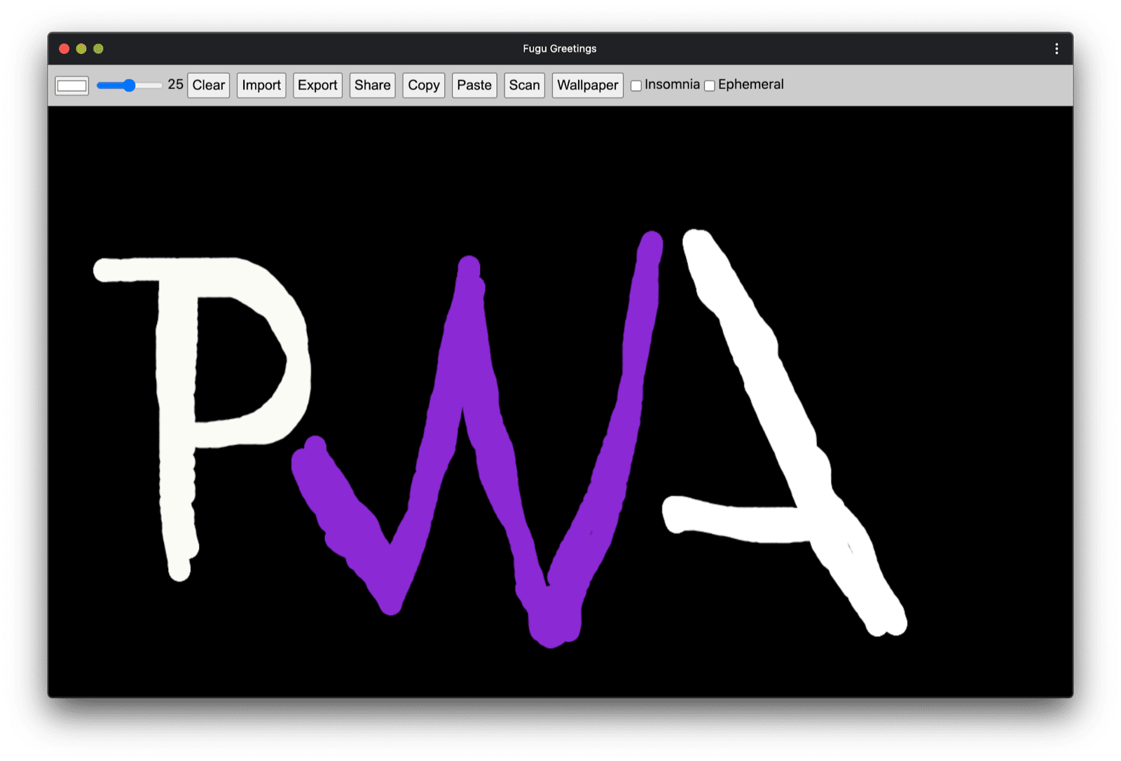 Fugu Greetings PWA में एक ऐसी ड्राइंग है जो पीडब्ल्यूए कम्यूनिटी के लोगो से मिलती-जुलती है.
