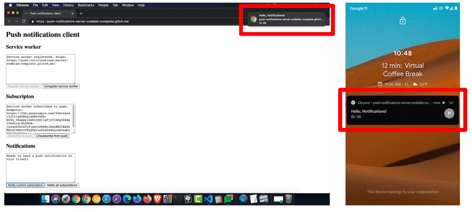 macOS ve Android'deki bildirim örnekleri.