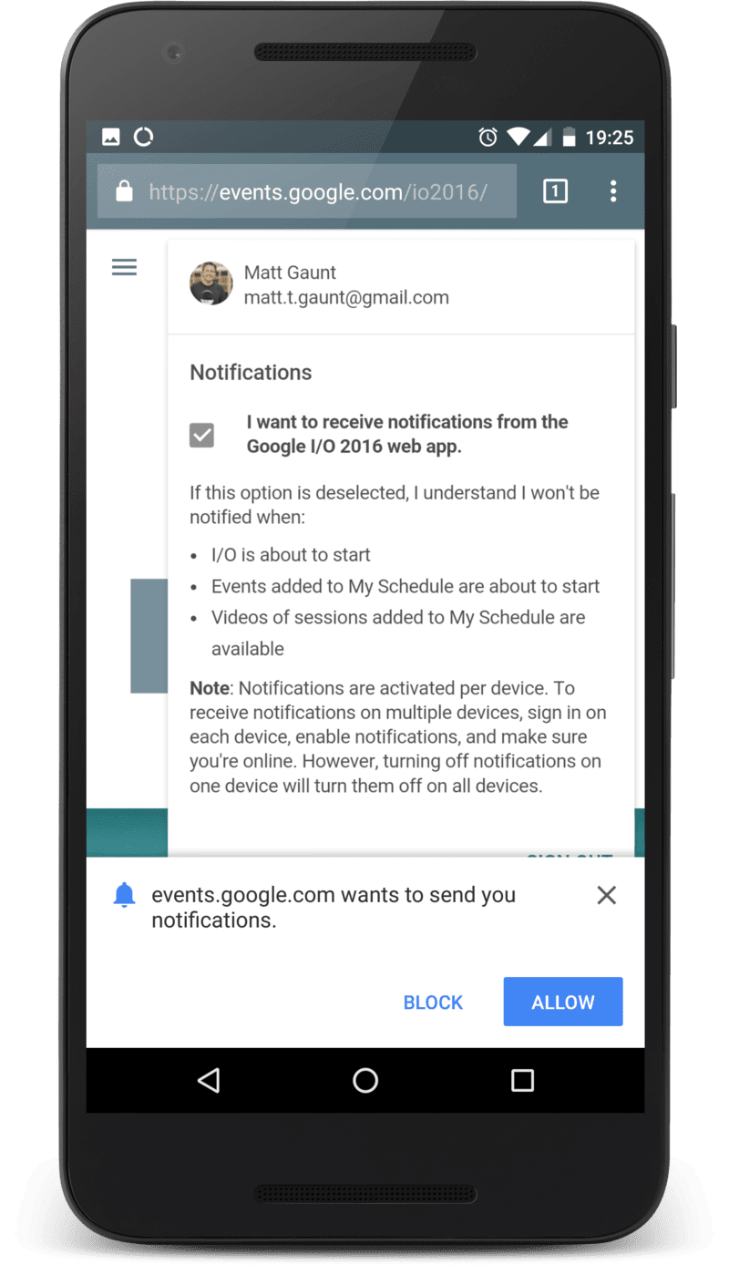 L'app web di Google IO che mostra la richiesta di autorizzazione.