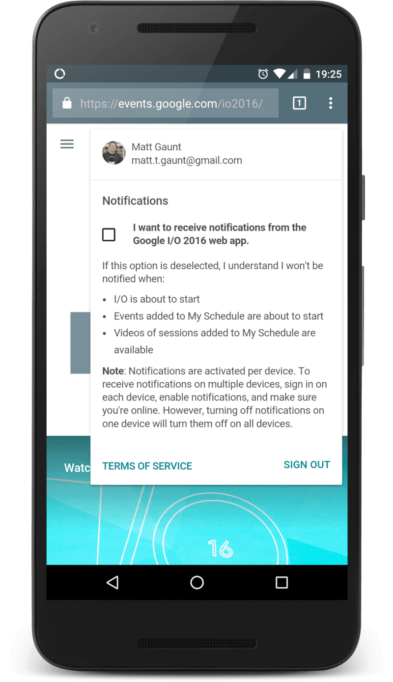 Panneau des paramètres de l'application Web Google IO pour les messages push.