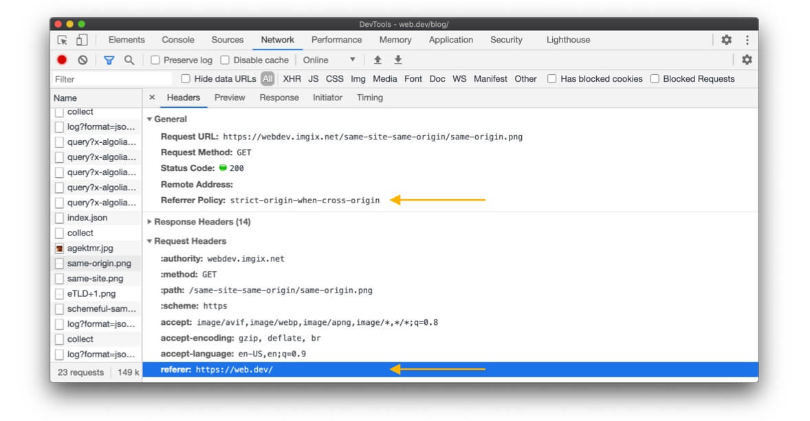 Uno screenshot del riquadro Rete di Chrome DevTools, che mostra Referer e Referrer-Policy.