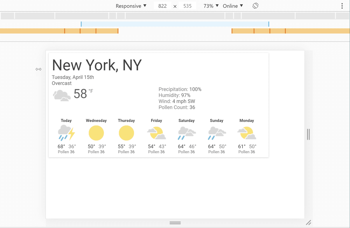 DevTools con nuestra app del clima abierta y un ancho de 822 píxeles seleccionado.