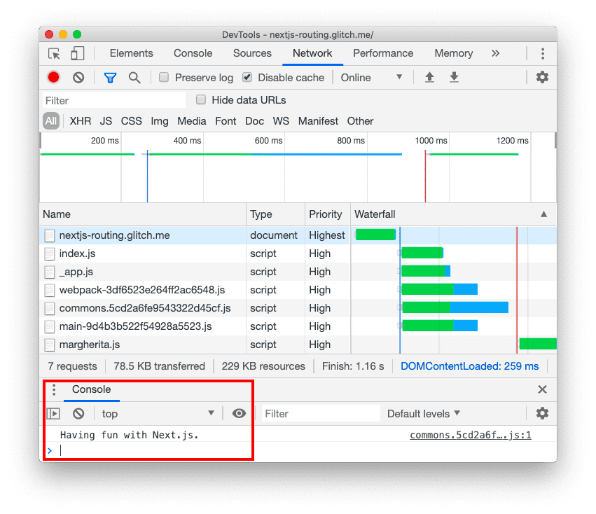 DevTools कंसोल में 'Having fun with Next.js.' मैसेज दिख रहा है