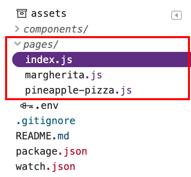 Direktori halaman yang berisi tiga file: index.js, margherita.js, dan pineapple-pizza.js.