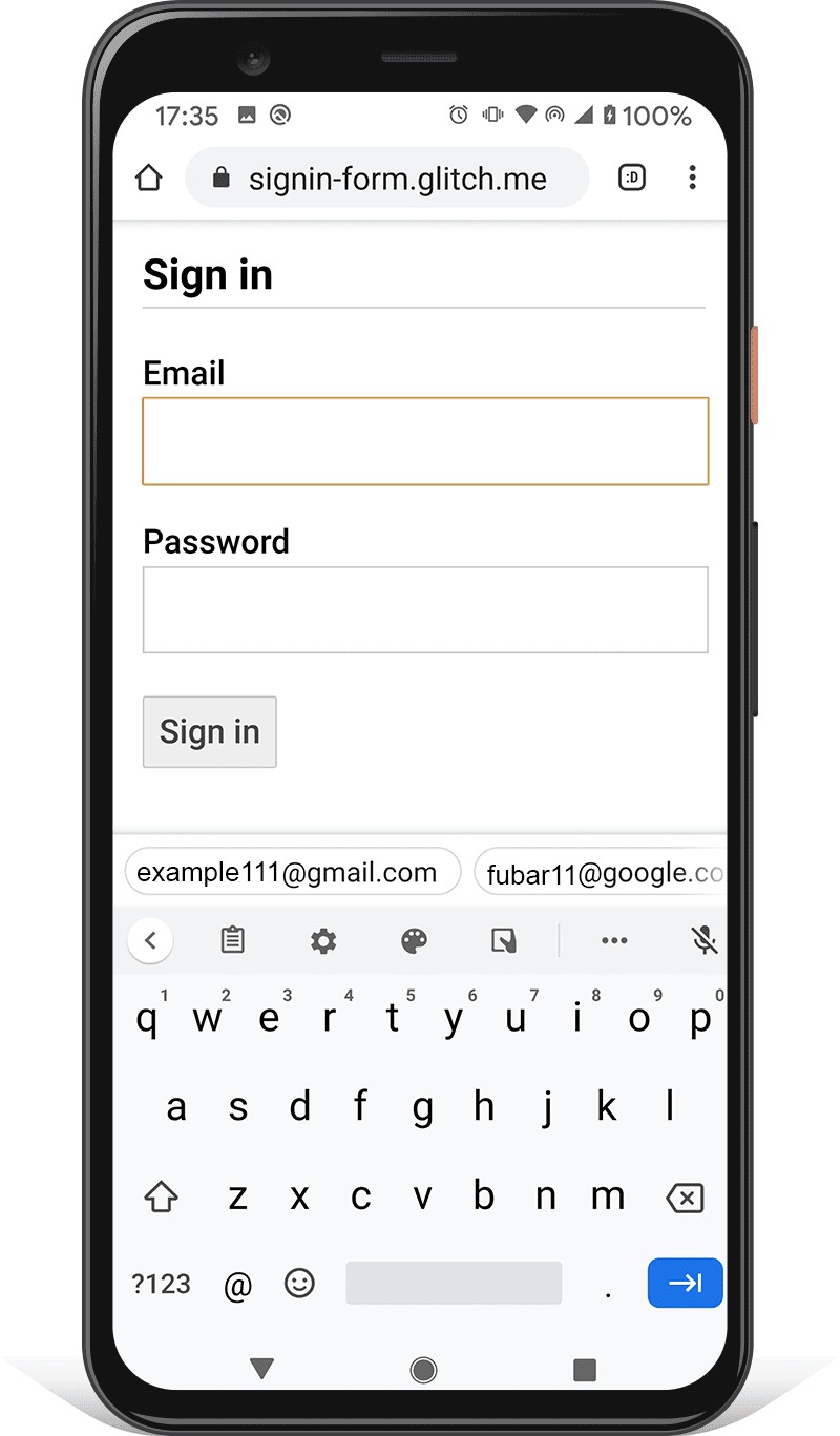 Formulir login di ponsel Android: tombol Login tidak tertutup oleh keyboard ponsel.