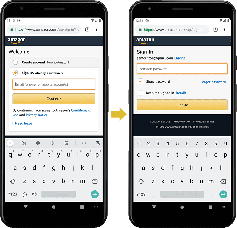 Un formulario de acceso en el sitio web de Amazon: correo electrónico o teléfono y contraseña en dos "páginas" separadas.