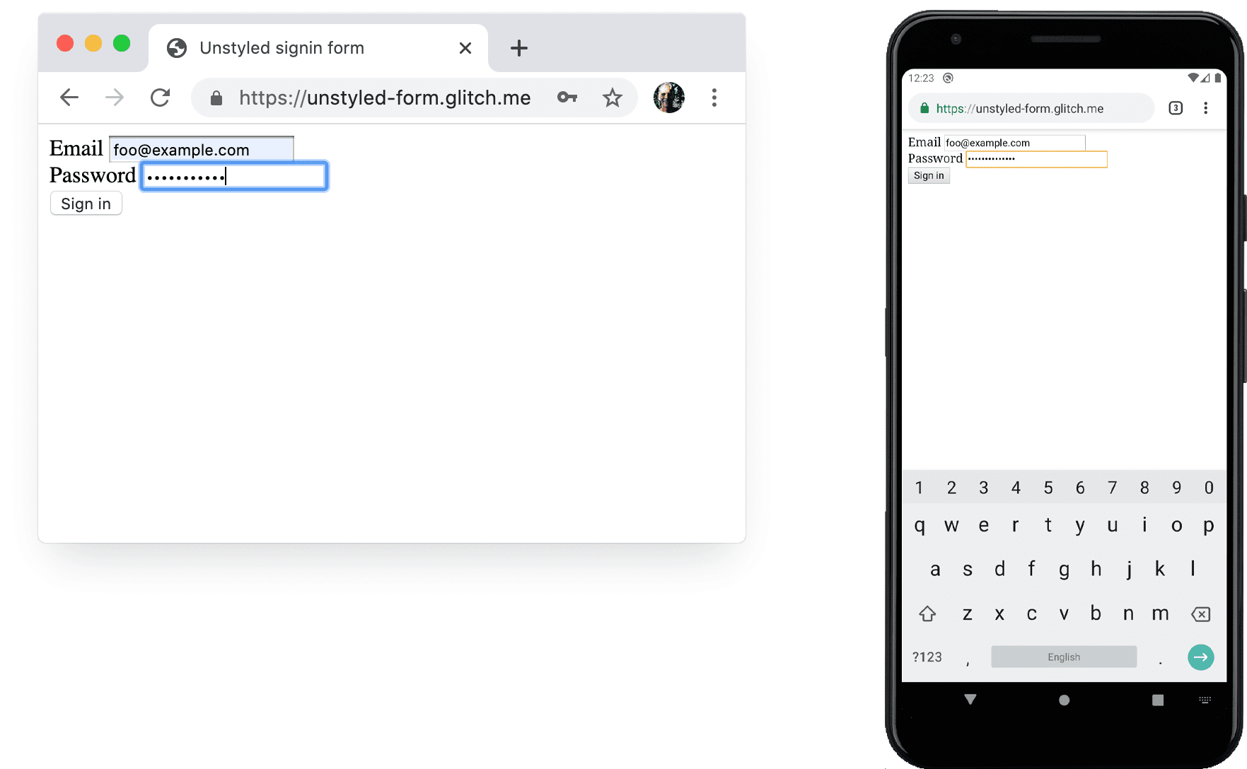 ডেস্কটপে এবং অ্যান্ড্রয়েডে Chrome-এ আনস্টাইল করা ফর্ম।