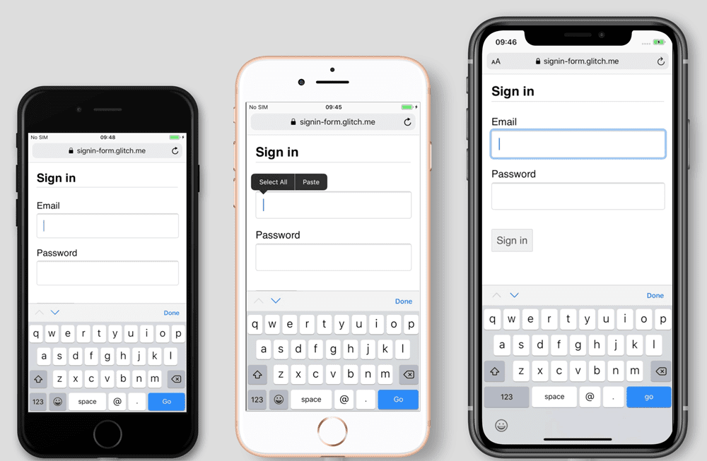 Capturas de pantalla de un formulario de acceso en iPhone 7, 8 y 11. En el iPhone 7 y 8, el teclado del teléfono oculta el botón de acceso, pero no en el iPhone 11.
