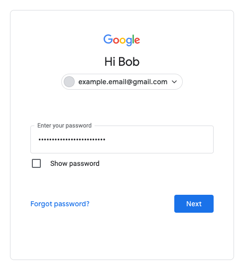 Formulaire de connexion Google affichant l'option "Afficher le mot de passe" et un lien "Mot de passe oublié".