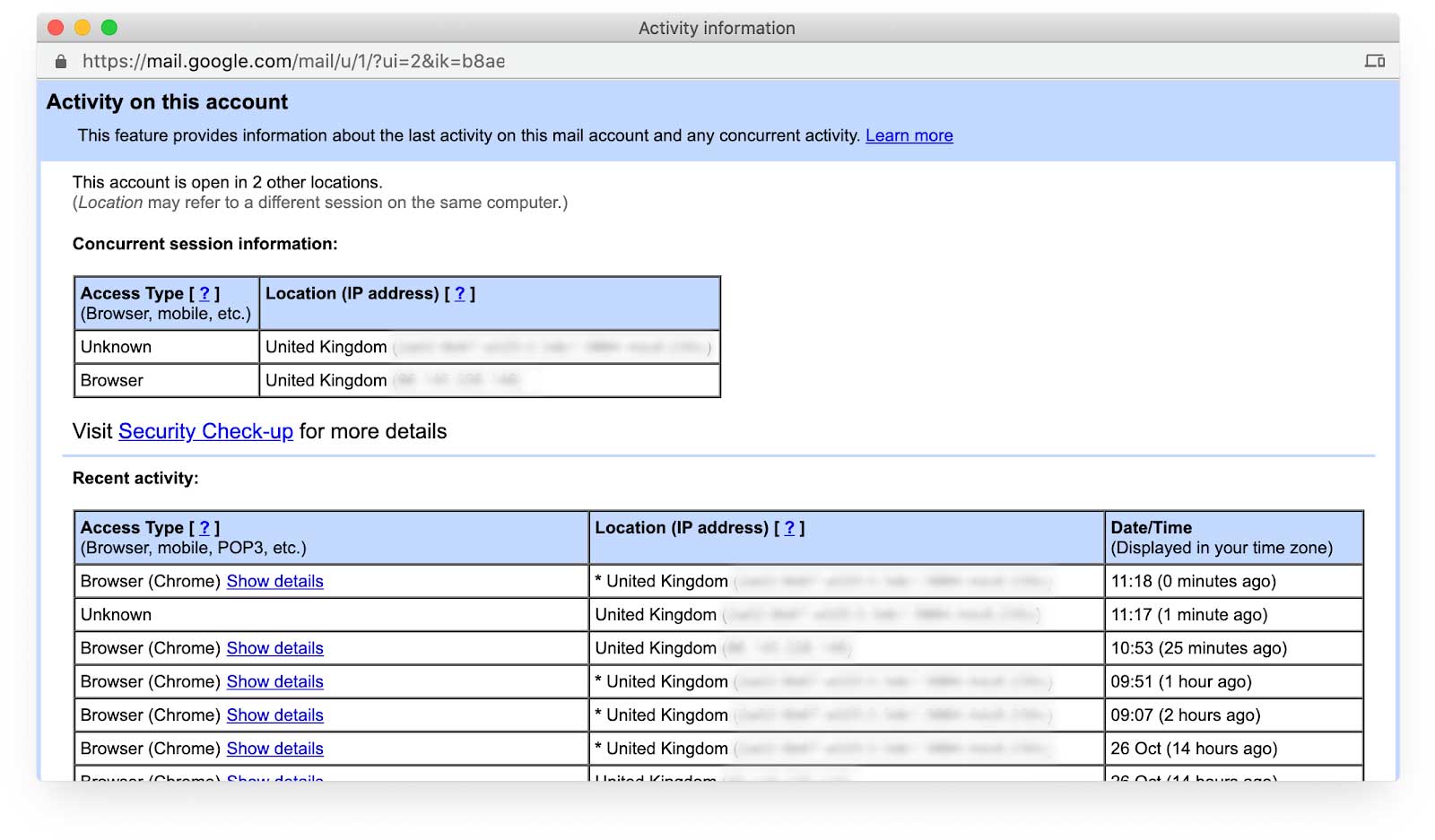 Pagina dell'attività dell'account Gmail