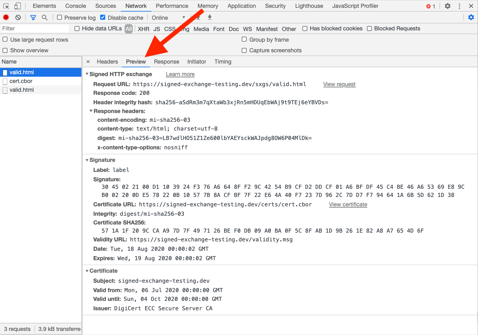 Screenshot della scheda "Anteprima" per un file SXG
