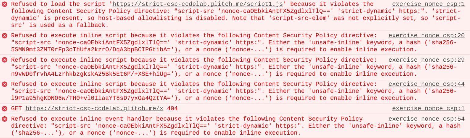 דוחות על הפרות של CSP ב-Chrome Developer Console.