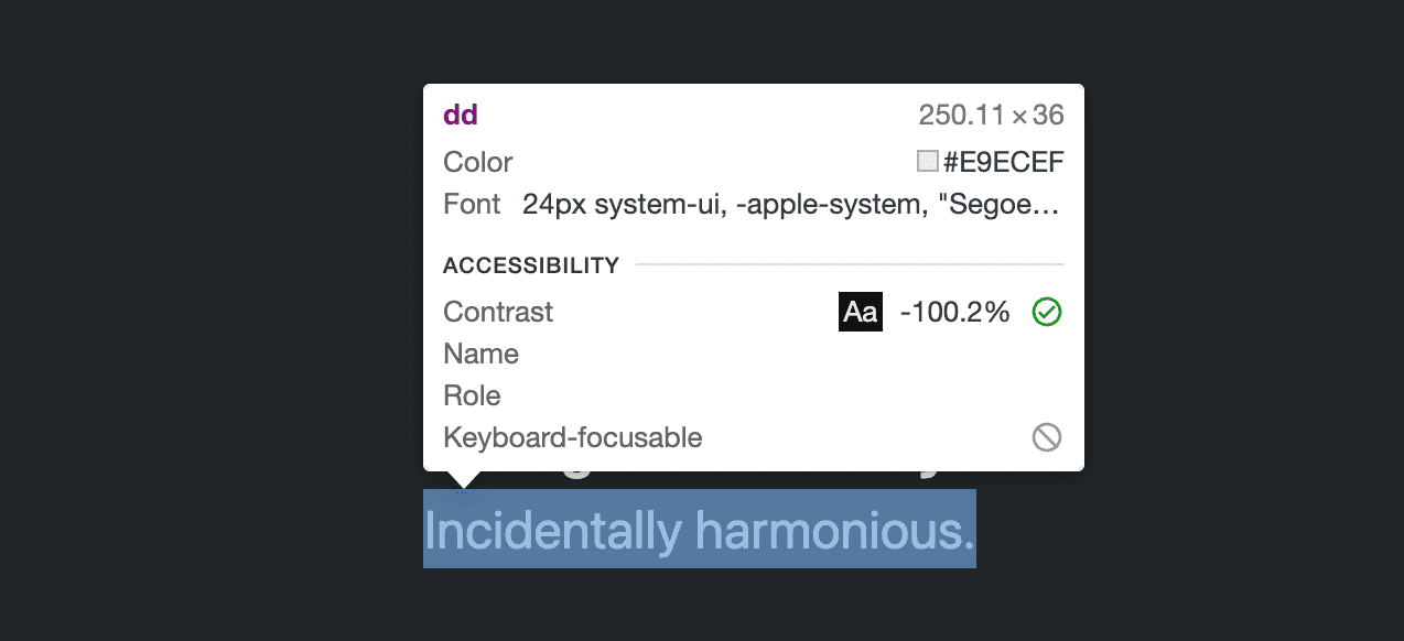 Devtools के 'एलिमेंट की जांच करें' टूलटिप में, dd एलिमेंट के कंट्रास्ट स्कोर के लिए -100.2% दिख रहा है.