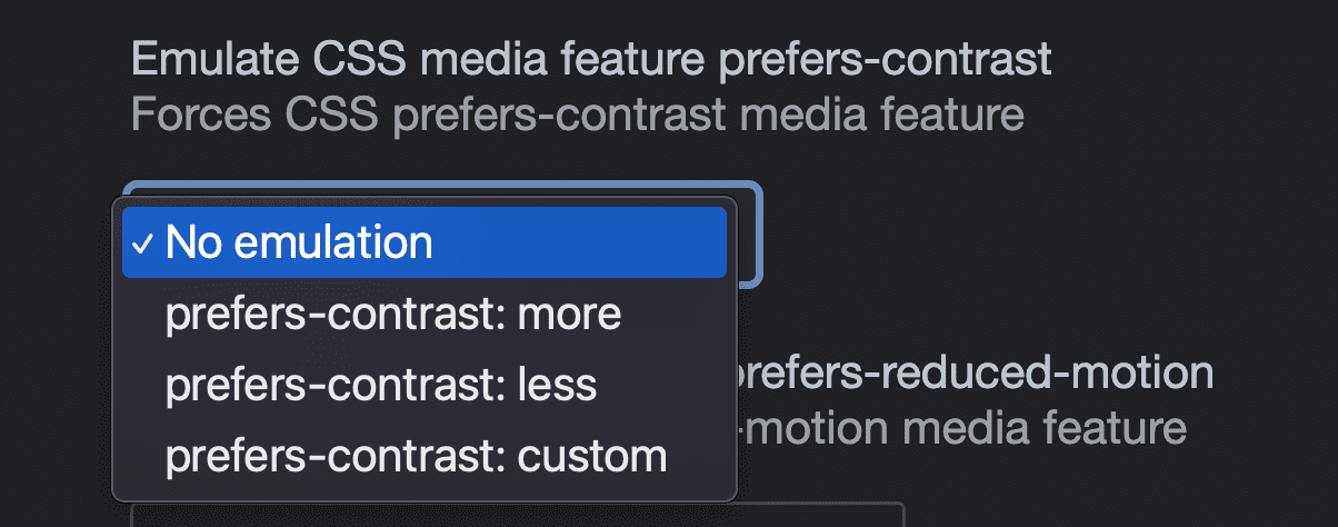 Скриншот параметров эмуляции DevTools для эмуляции медиа-запроса CSS preferences-contrast: без эмуляции, больше, меньше, настраиваемый.