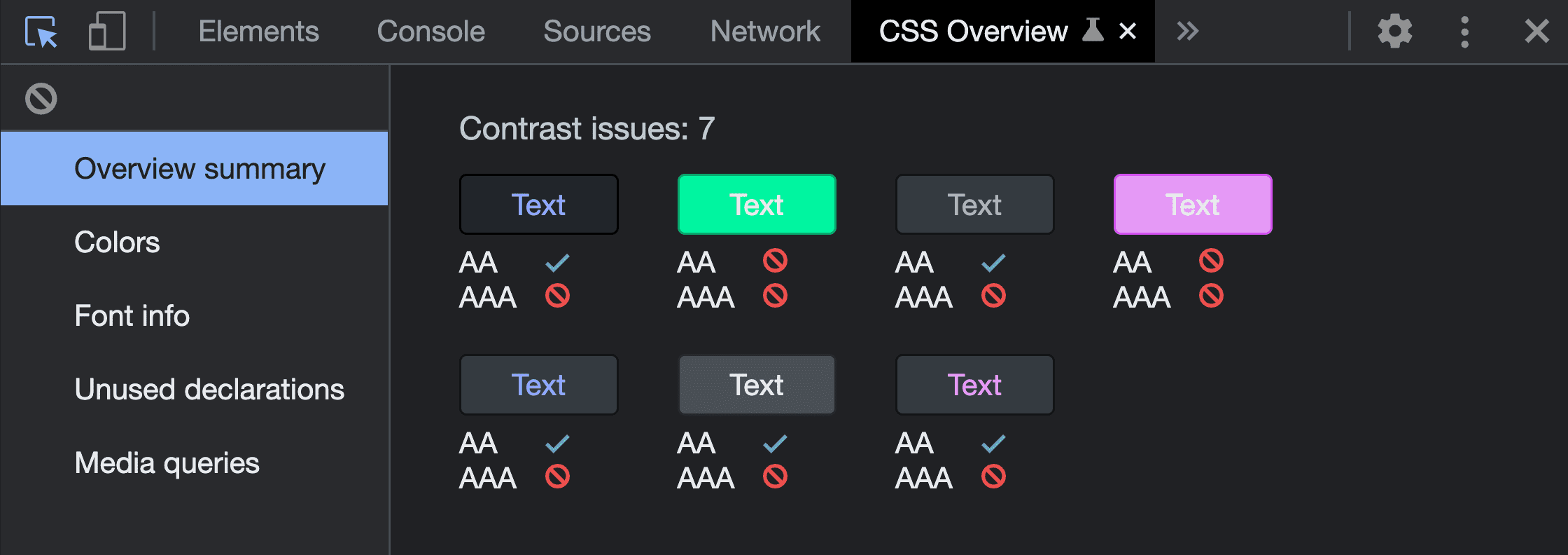 ภาพหน้าจอของสรุปภาพรวมจากการใช้เครื่องมือจับภาพภาพรวม CSS ปัญหาคอนทราสต์ 7 รายการจะแสดงคู่สีที่ค้นพบและผลลัพธ์ที่ไม่ผ่าน