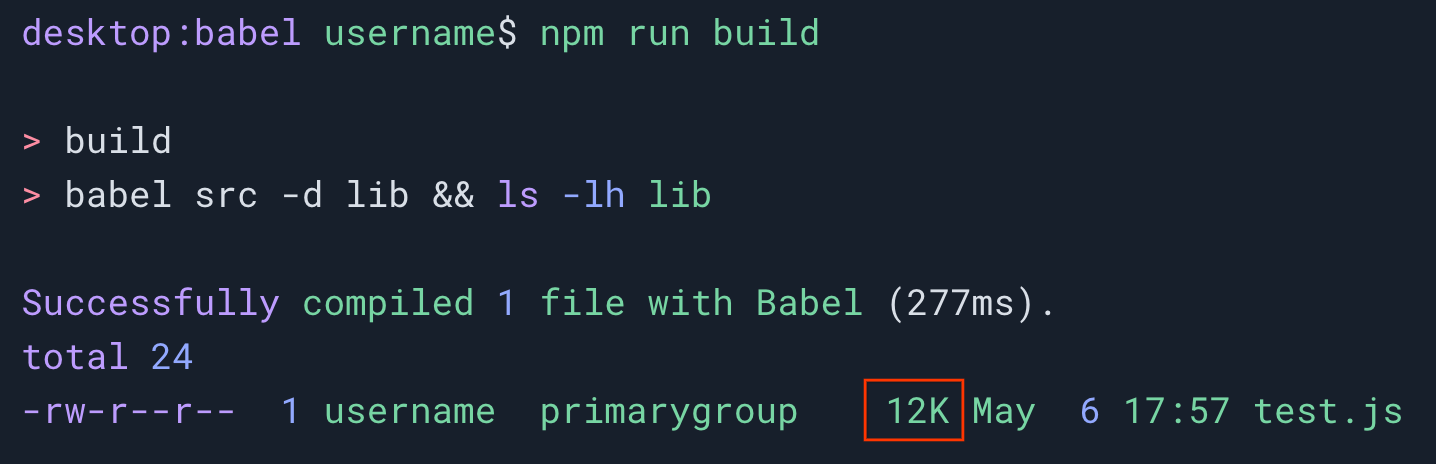 A terminal session showing that the npm run build command has been executed on a Javascript file called test.js.  The output file size is 12 kilobytes.
