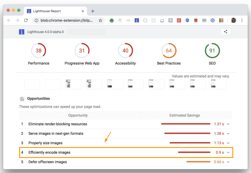 Rapport Lighthouse avec l'entrée "Encoder les images de manière efficace" mise en évidence.