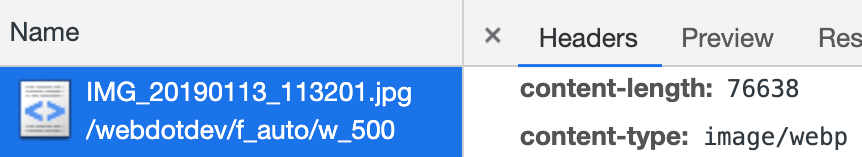 Chrome 開發人員工具顯示 Cloudinary 提供的檔案的 WebP 內容類型標頭