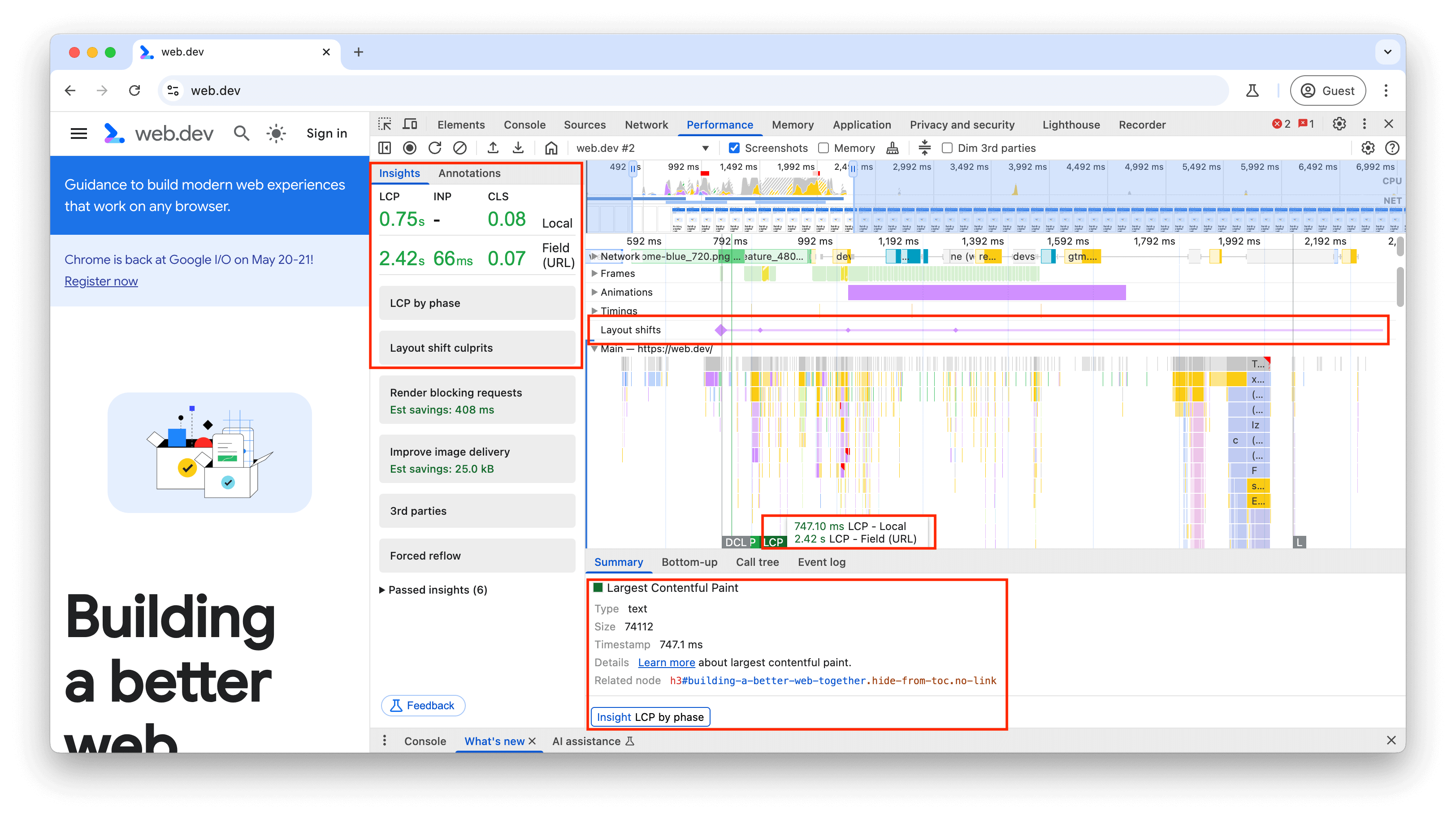 Trace aus dem Bereich „Leistung“ der Chrome-Entwicklertools mit einem Flammen-Diagramm, in dem eine lange Aufgabe hervorgehoben ist