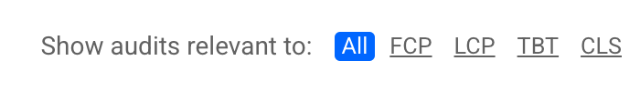 主要な指標の Lighthouse フィルタ オプション