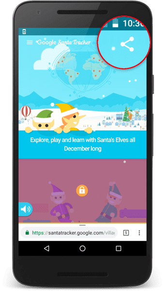 برنامه Santa Tracker دکمه اشتراکگذاری را نشان میدهد.