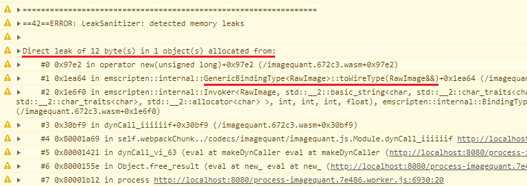 צילום מסך של הודעה עם הכיתוב 'Direct leak of 12 bytes' שמגיעה מפונקציה GenericBindingType RawImage ::toWireType