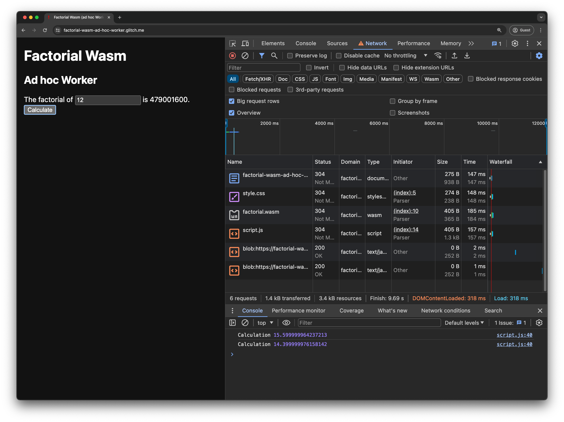 تطبيق تجريبي لحساب مضروب العدد باستخدام WebAssembly مع عامل مخصّص "أدوات مطوّري البرامج في Chrome" مفتوحة. هناك طلبان لعنوان URL من نوع blob: في علامة التبويب "الشبكة"، وتعرض "وحدة التحكّم" وقتَين للاحتساب.