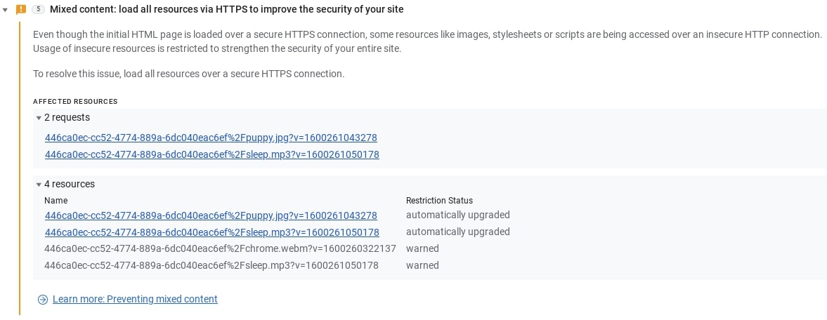 Tab Masalah di Chrome DevTools menampilkan informasi mendetail tentang masalah konten campuran tertentu dan cara memperbaikinya