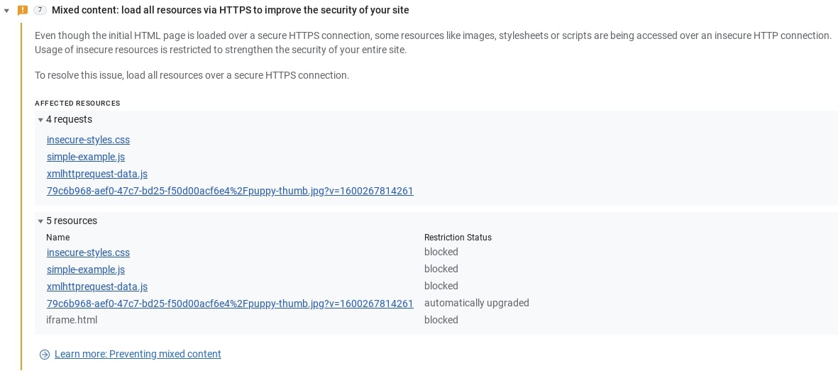 Chrome DevTools में मौजूद 'समस्याएं' टैब में, मिला-जुला कॉन्टेंट से जुड़ी समस्या और उसे ठीक करने के तरीके के बारे में ज़्यादा जानकारी मिलती है