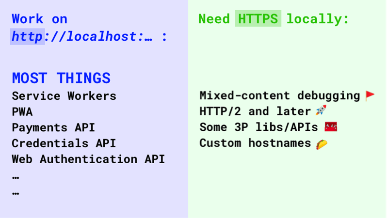 Eine Liste der Fälle, in denen Sie HTTPS für die lokale Entwicklung verwenden müssen.