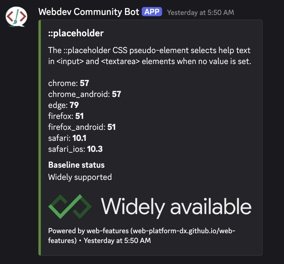 Baseline 機器人在網頁開發和網頁設計 Discord 社群中顯示網頁功能資料。