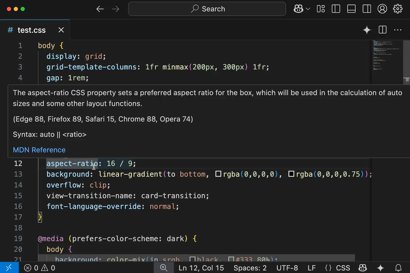 Wenn Sie in früheren Versionen von VS Code den Mauszeiger auf die CSS-Eigenschaft „aspect-ratio“ bewegen, wird die Browserunterstützung in Form von Versionsnummern angezeigt: Edge 88, Firefox 89, Safari 15, Chrome 88, Opera 74.