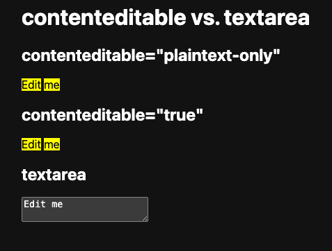 การสาธิตที่แสดงวิธีที่ CSS Custom Highlight API ทำงานร่วมกับองค์ประกอบ div ที่มีแอตทริบิวต์ contenteditable เท่านั้น แต่ใช้กับ textarea ไม่ได้