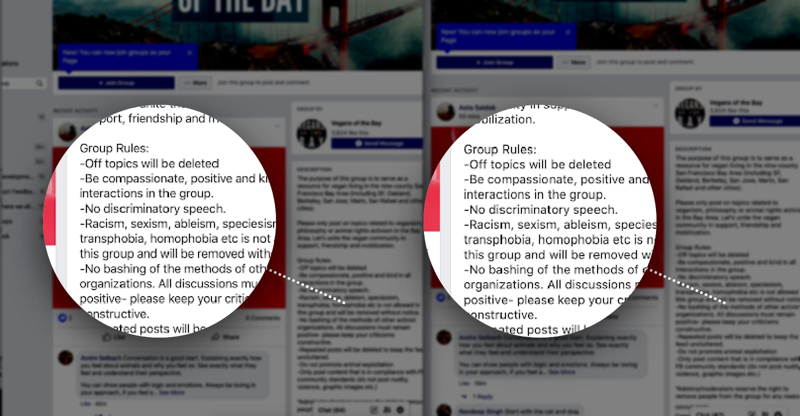 Facebook グループ ページの 2 つの段落の比較。左が Chrome、右が Safari。Chrome の方がわずかに間隔が狭い