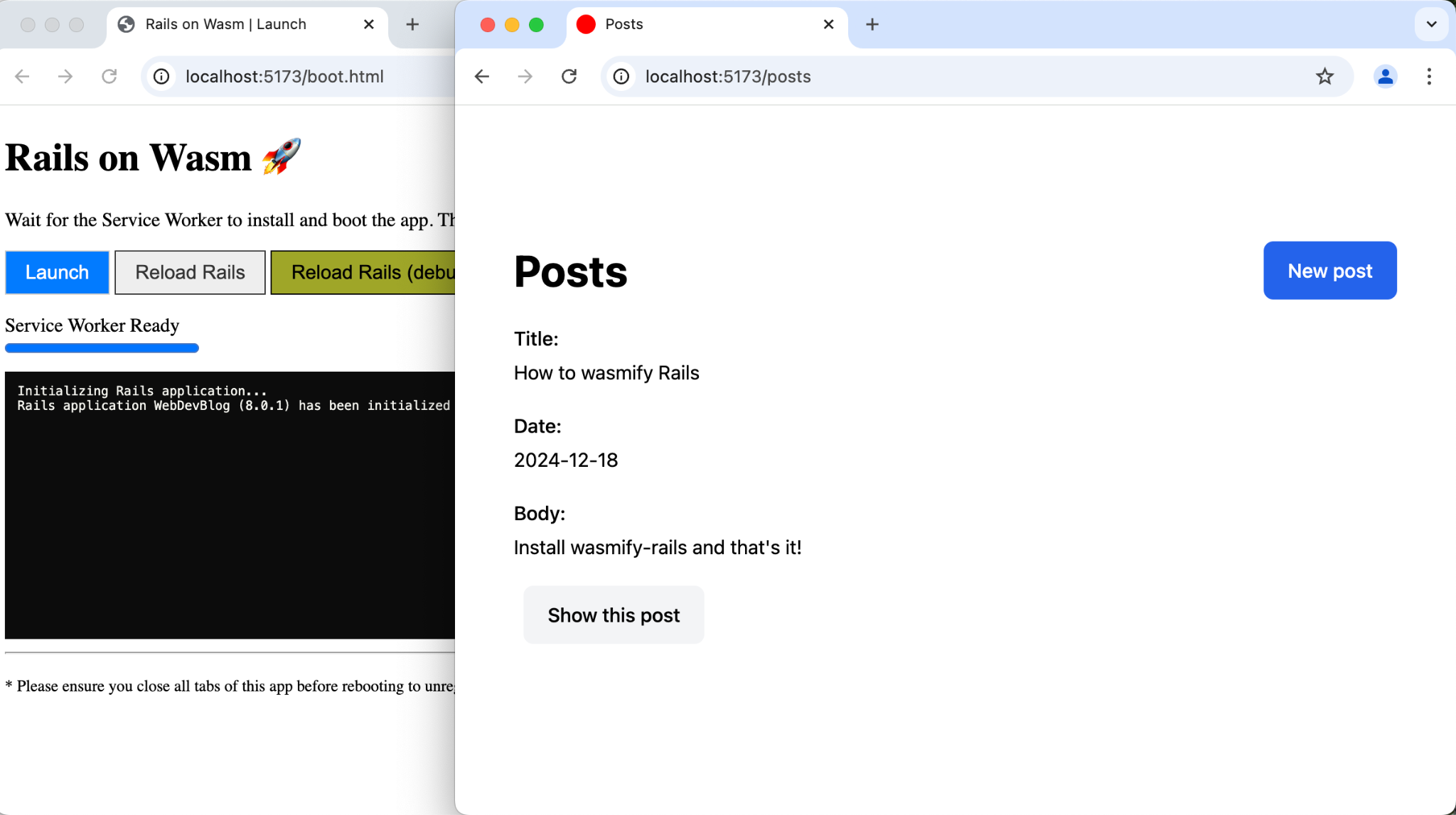 Một blog Ruby on Rails được khởi chạy từ một thẻ trình duyệt đang chạy trong một thẻ trình duyệt khác.