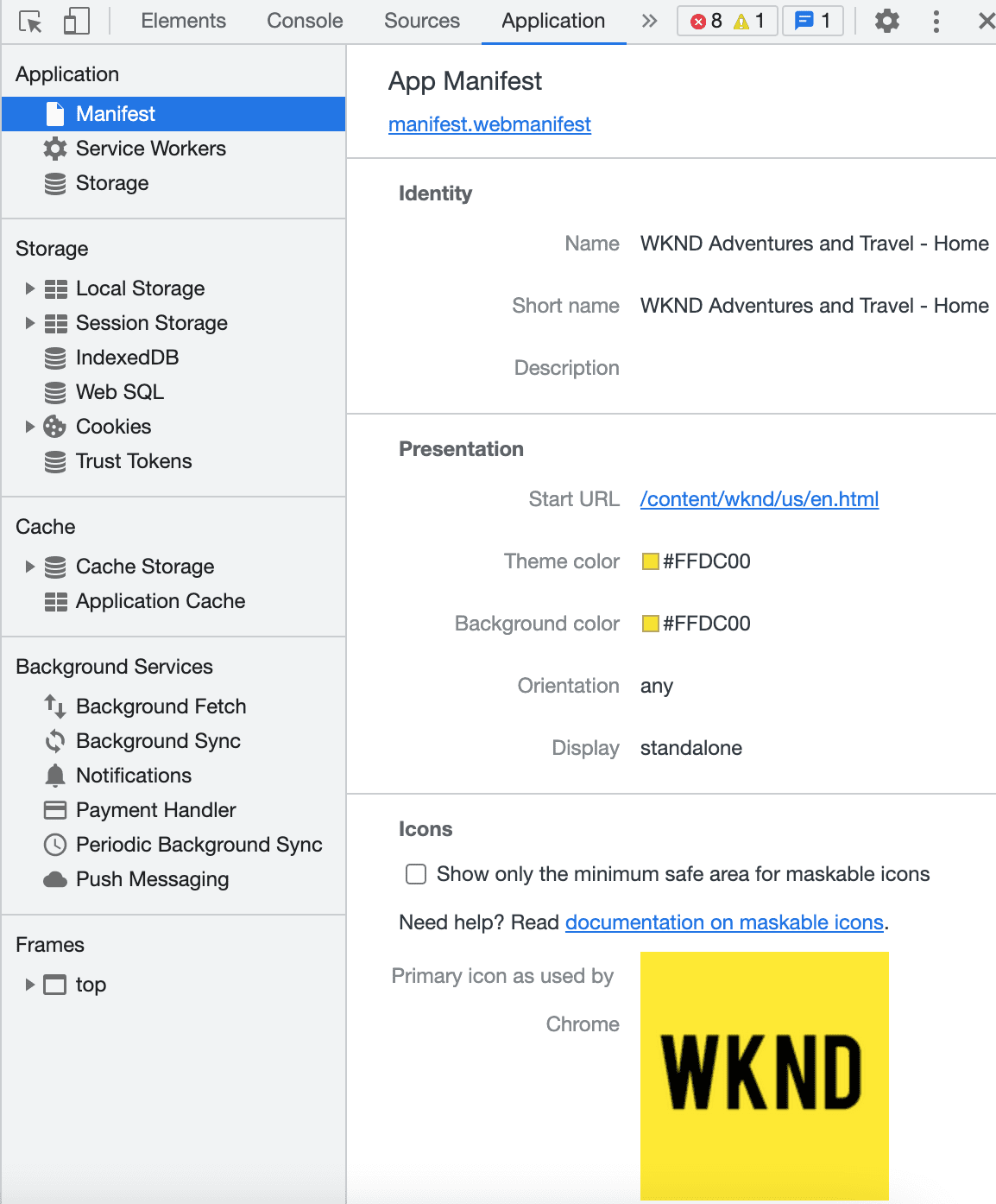 אפליקציית PWA בחלונית האפליקציות של DevTools.
