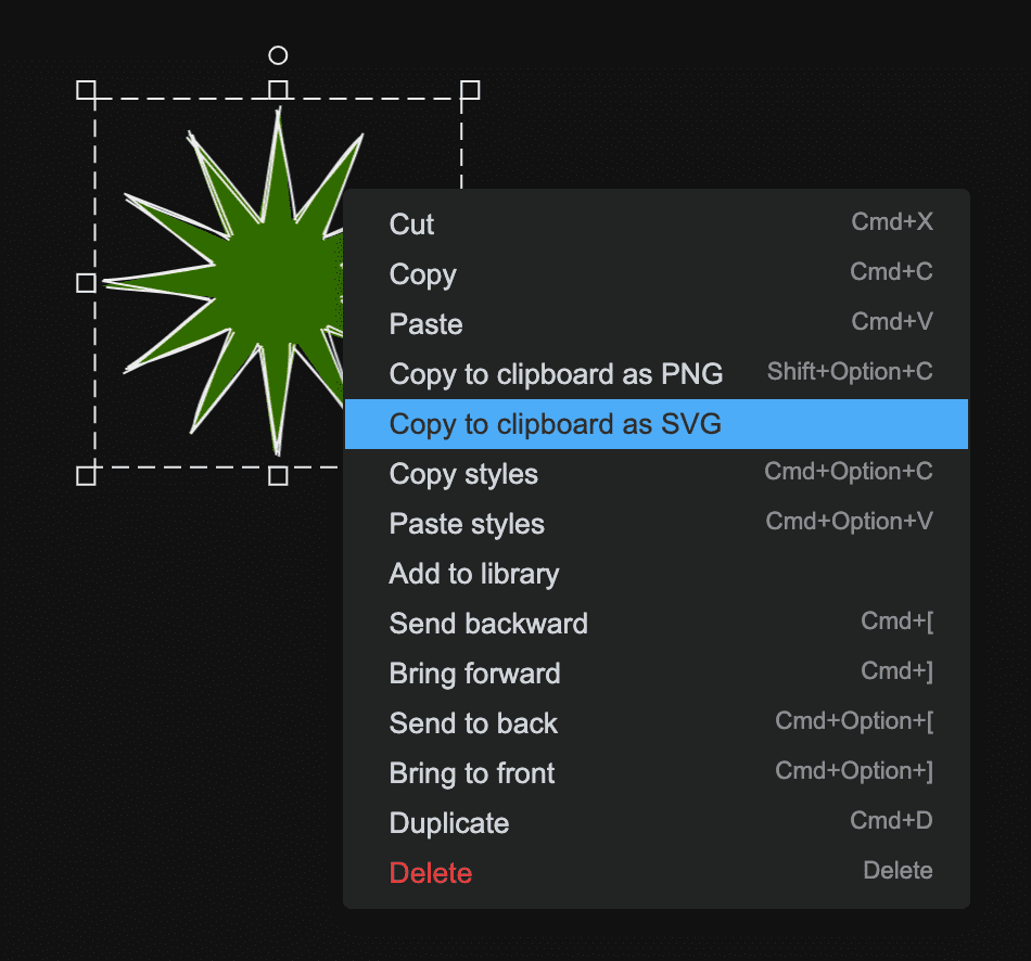Menu konteks Excalidraw yang menampilkan item menu 'salin ke papan klip sebagai SVG' dan 'salin ke papan klip sebagai PNG'.