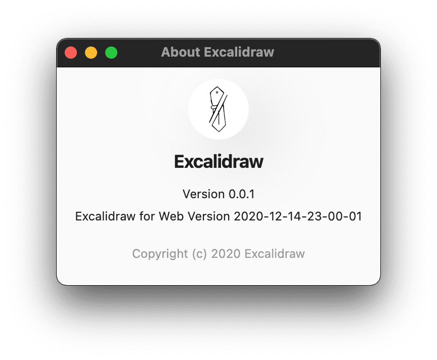 Excalidraw ডেস্কটপ 'সম্পর্কে' উইন্ডোটি ইলেক্ট্রন র্যাপার এবং ওয়েব অ্যাপের সংস্করণ প্রদর্শন করছে।