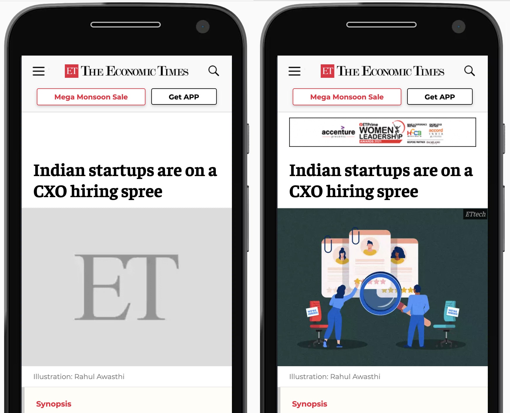 Direktvergleich der Website von The Economic Times auf einem Smartphone Links ist ein grauer Platzhalter für das Hero-Image des Artikels reserviert. Rechts wird der Platzhalter durch das geladene Bild ersetzt.