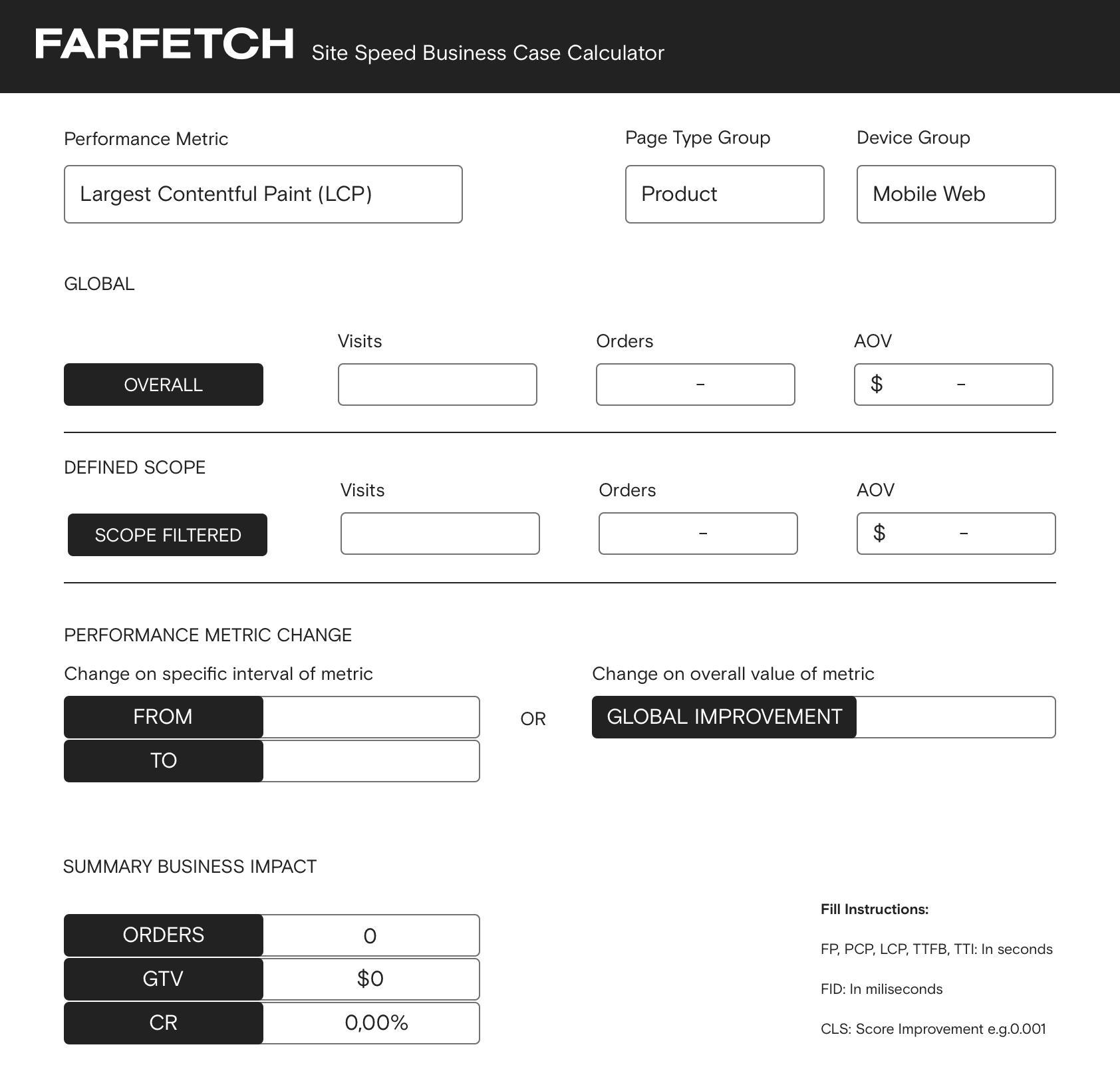 Farfetch のサイト速度ビジネスケース計算ツールのスクリーンショット。