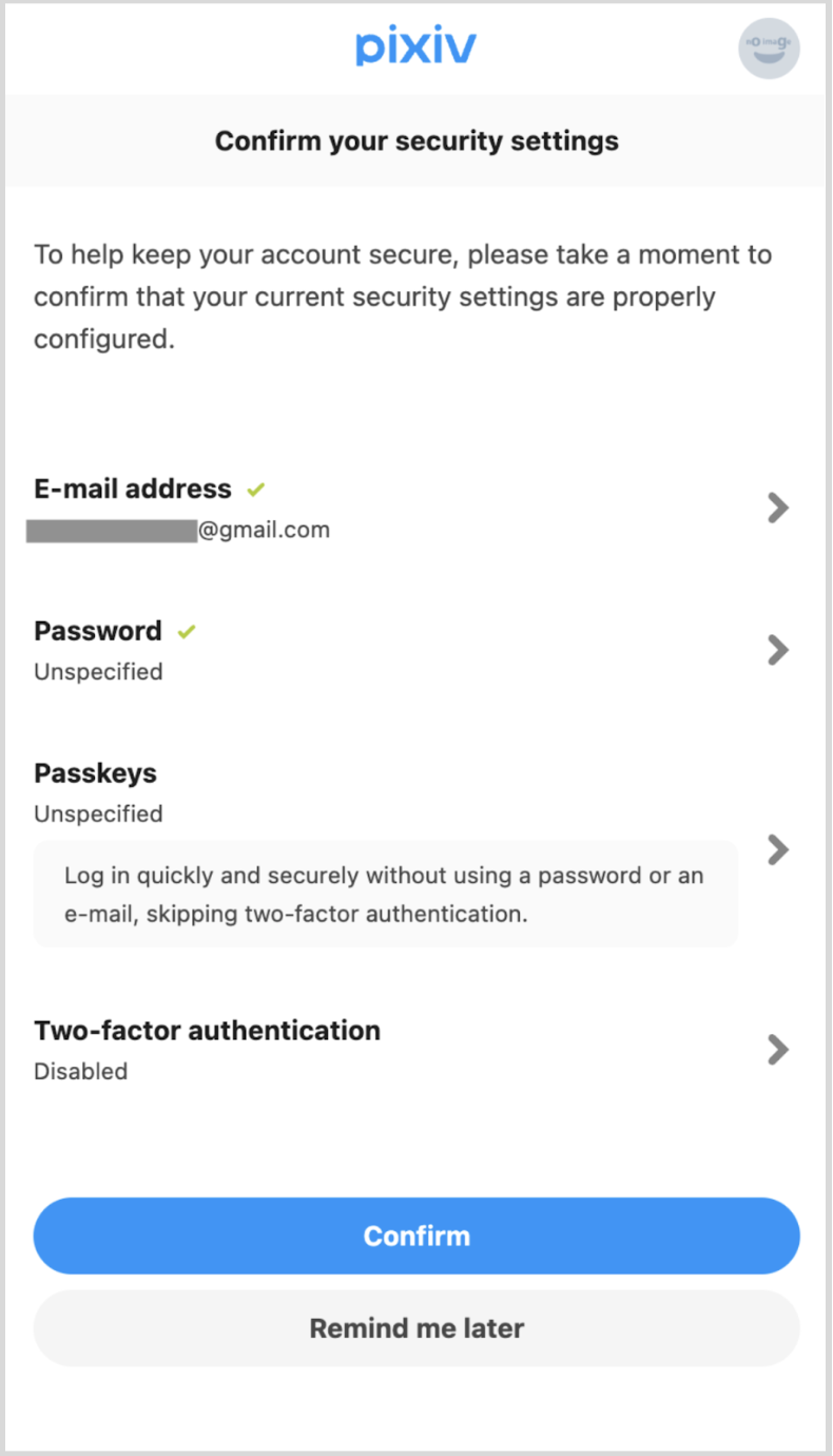 The pixiv Security Confirmation screen on a mobile device. It recommends setting up a passkey for a faster and more secure login, with a prominent blue 'Try passkeys' button.