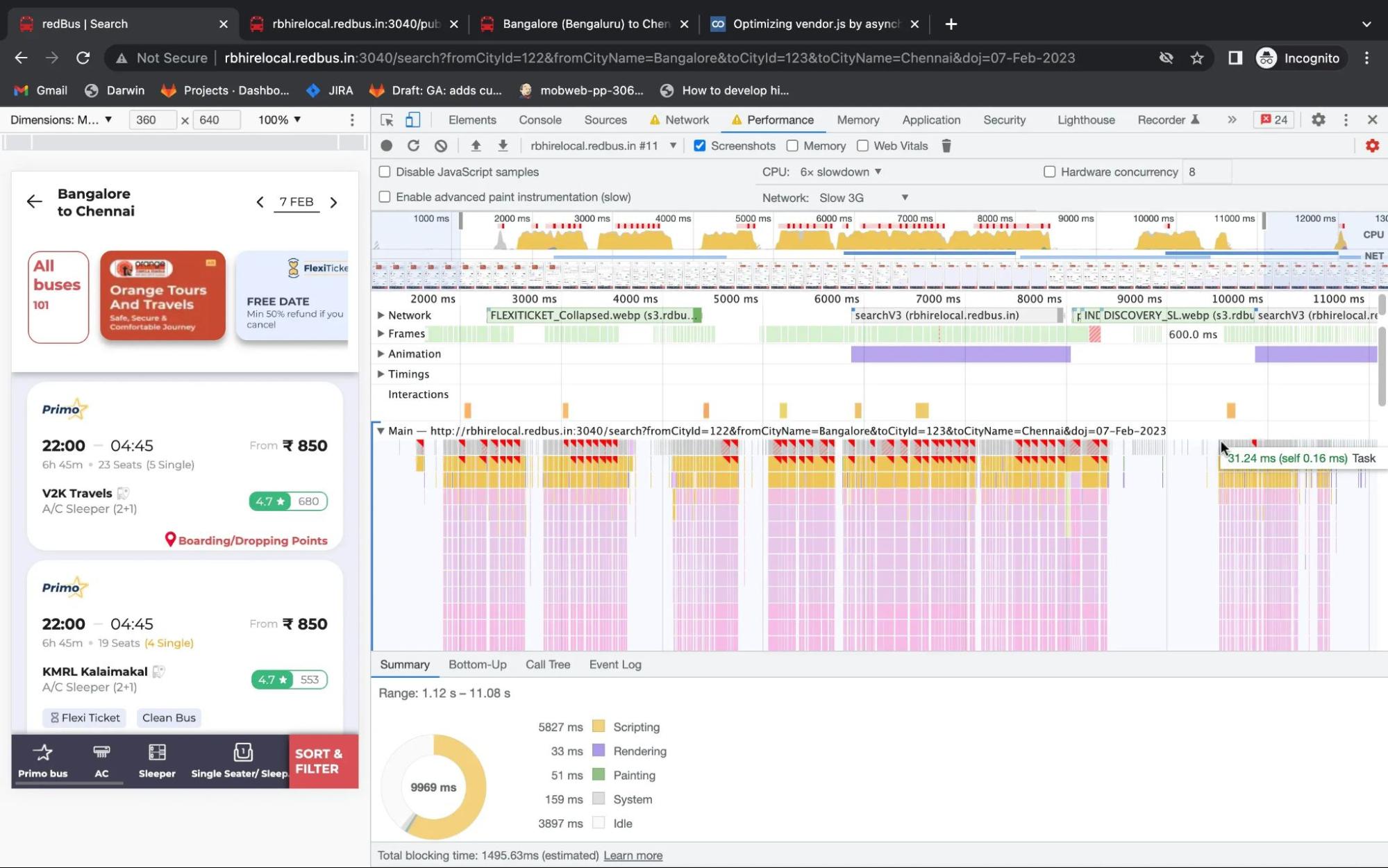 تصویری از پانل عملکرد در Chrome DevTools که وبسایت redBus را نشان میدهد که تماسهای رویداد پیمایشی را انجام میدهد که بازگردانده نشدهاند. نتیجه این است که موضوع اصلی مسدود می شود.