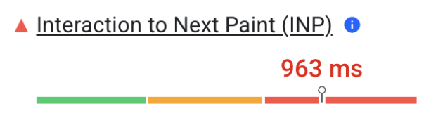 INP Trendyol menurut pembacaan CrUX di PageSpeed Insights. INP Trendyol per 5 September 2023 adalah 963 milidetik, yang berada dalam rentang 'buruk'.
