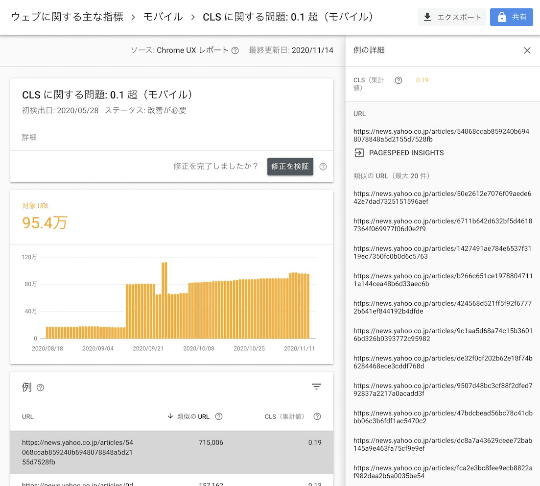 Google Search Console की वेबसाइट की परफ़ॉर्मेंस की अहम जानकारी वाली रिपोर्ट, जिसमें लेख की ज़्यादा जानकारी वाले पेज के लिए सीएलएस का ज़्यादा स्कोर दिख रहा है.