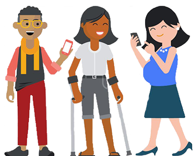 Três pessoas representando deficiências temporárias e situacionais, como uma mulher grávida e uma pessoa de muletas.