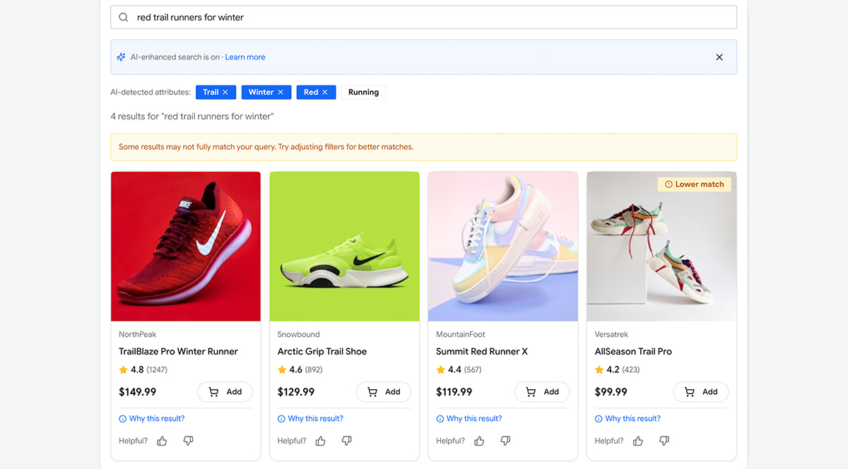 مثال على البحث المستند إلى الذكاء الاصطناعي في Shoppe عن أحذية الركض الحمراء