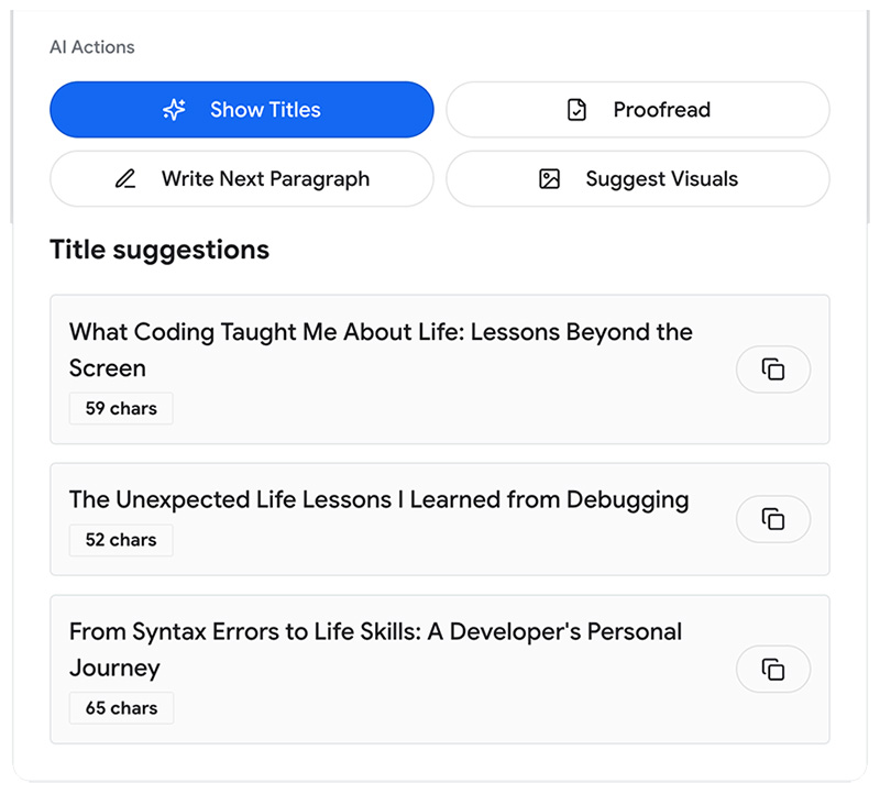 BlogBuddy has 3 example titles to choose from.